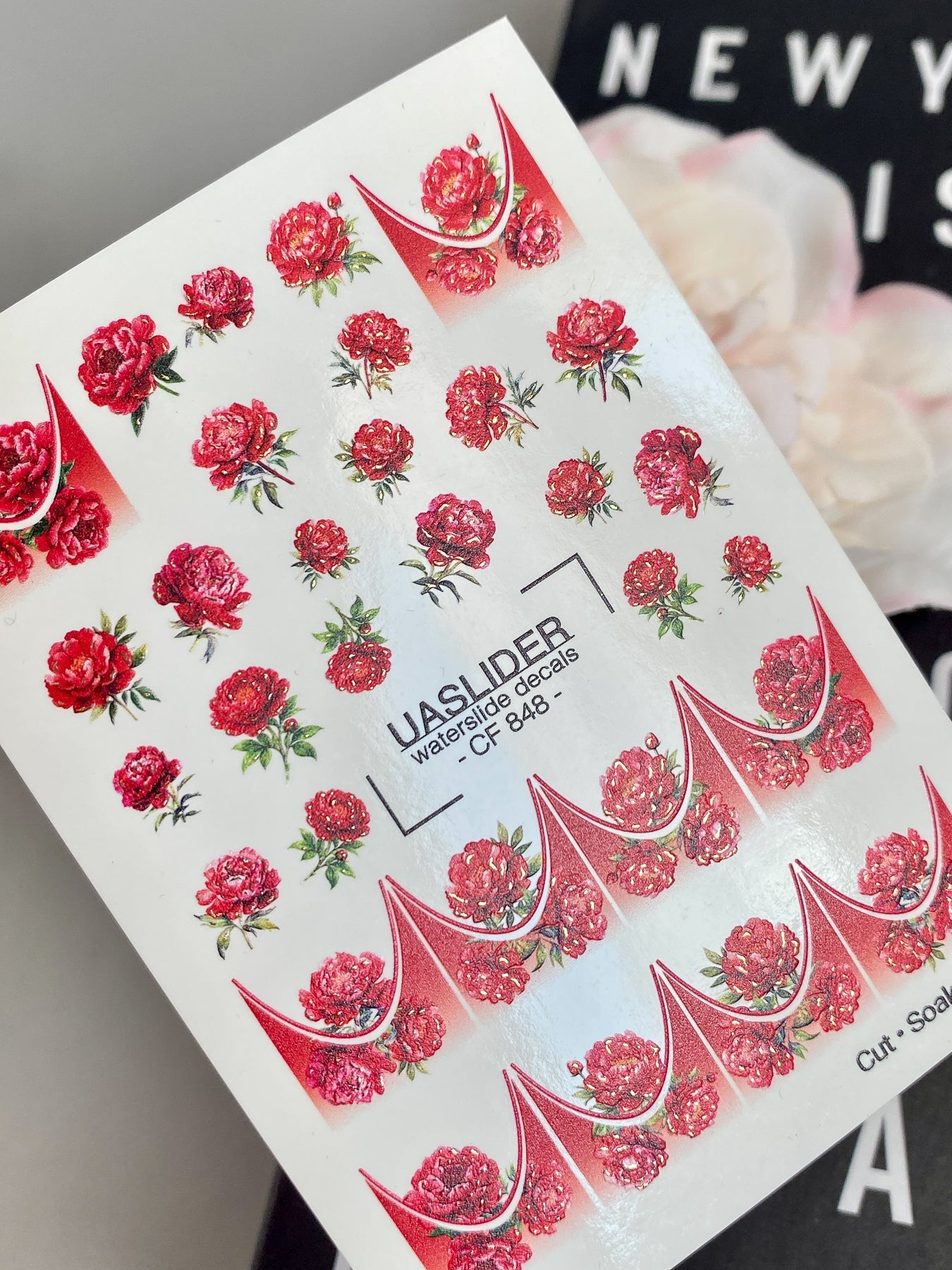 Red Peony Nail Decals — Crimson Flowers & Gold Foil French Tips | CF-848 - UASLIDER