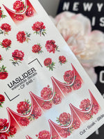Red Peony Nail Decals — Crimson Flowers & Gold Foil French Tips | CF-848 - UASLIDER