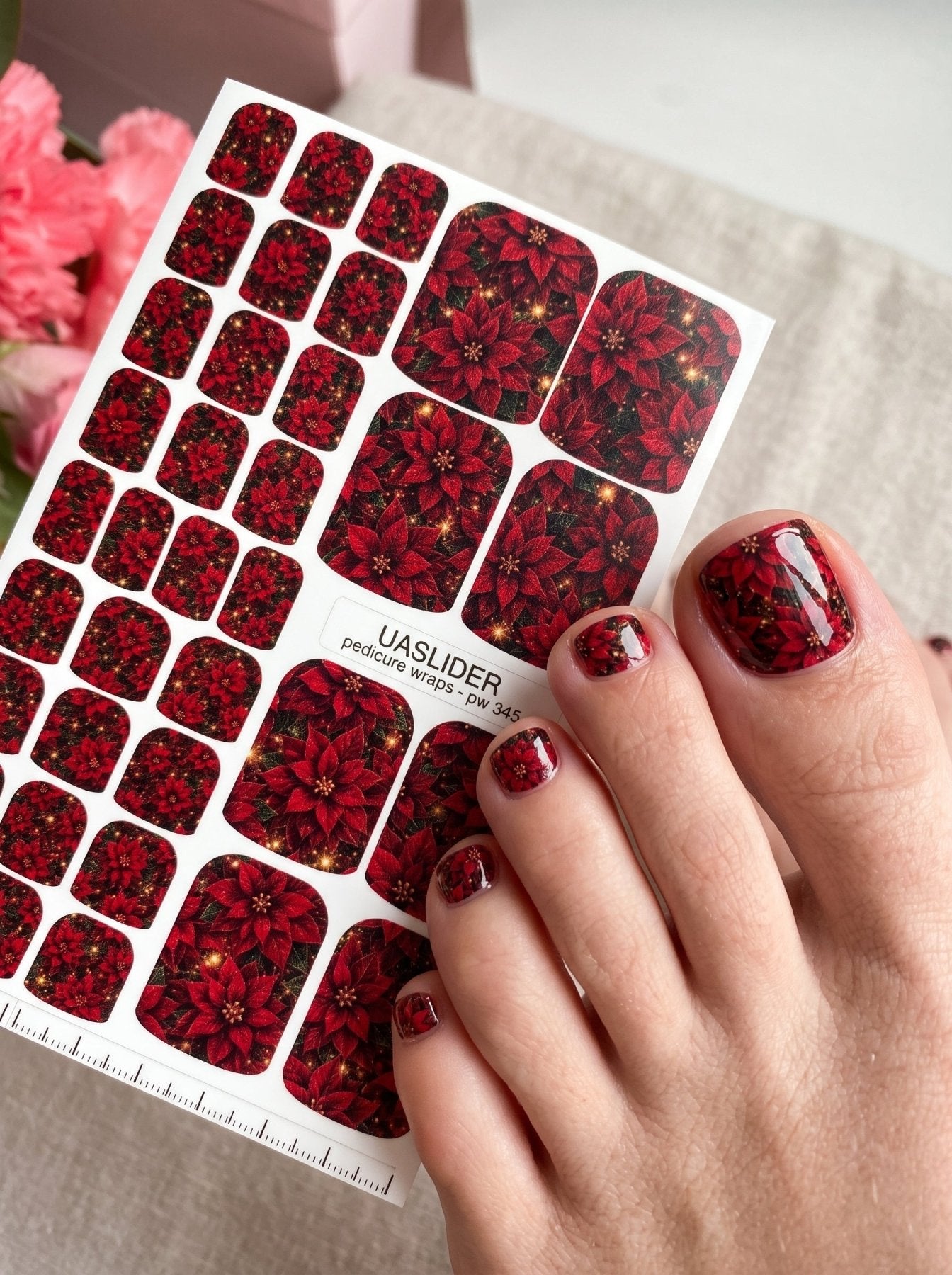 Red Poinsettia Pedicure Wraps — Dark Holiday Floral | pw-345 - UASLIDER