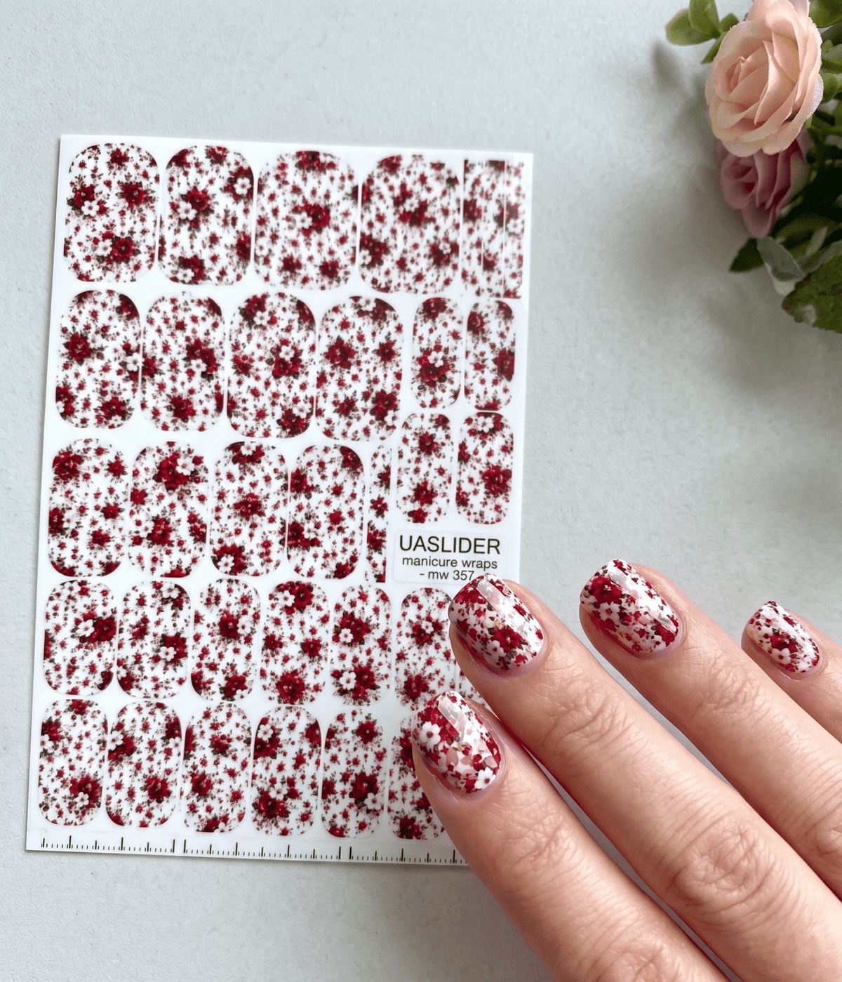 Red Rose Manicure Wraps — Tiny Floral Print | mw-357 - UASLIDER