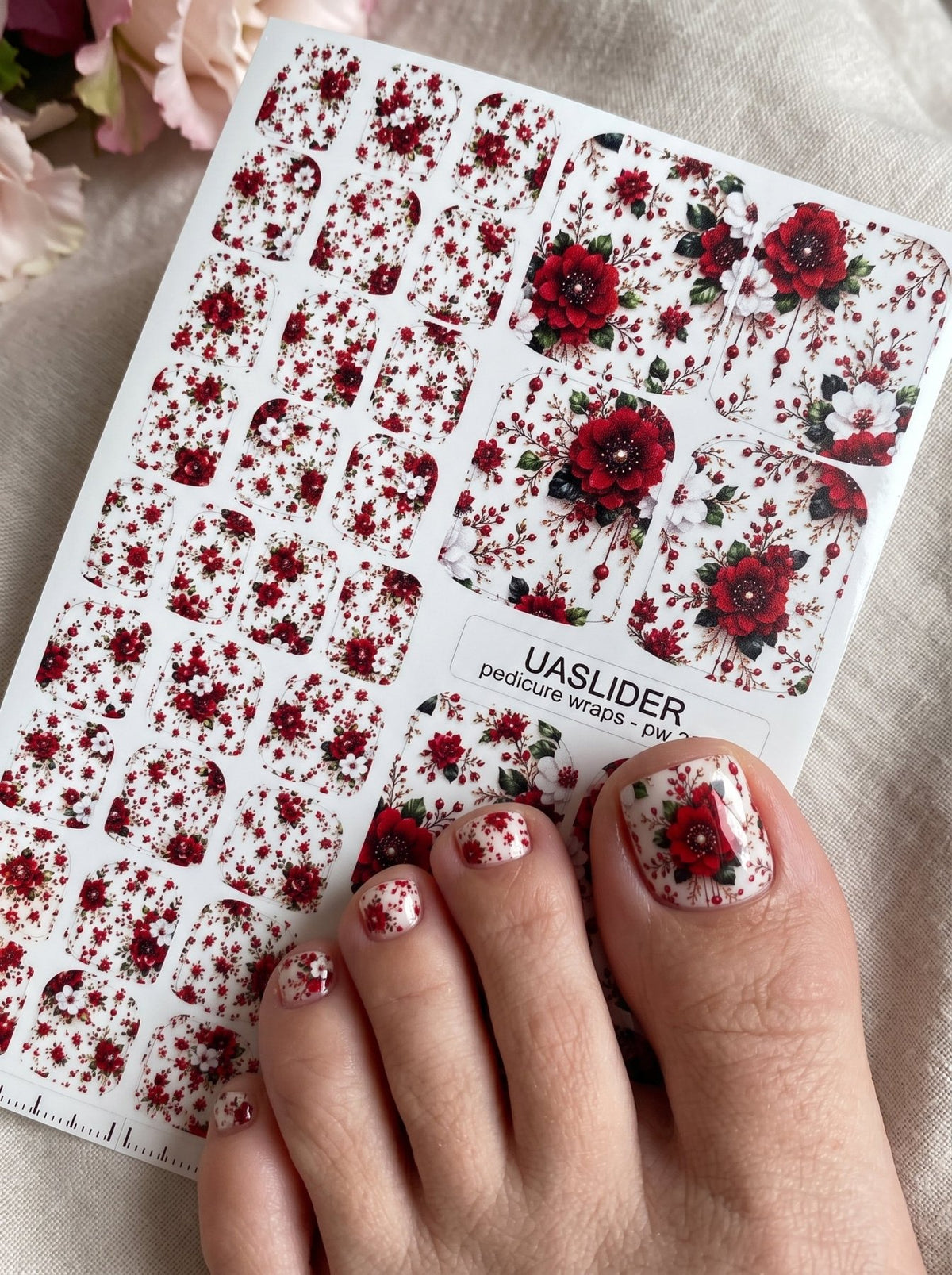 Red Rose Pedicure Nail Wraps — White Flowers & Berry Sprigs | pw-357 - UASLIDER
