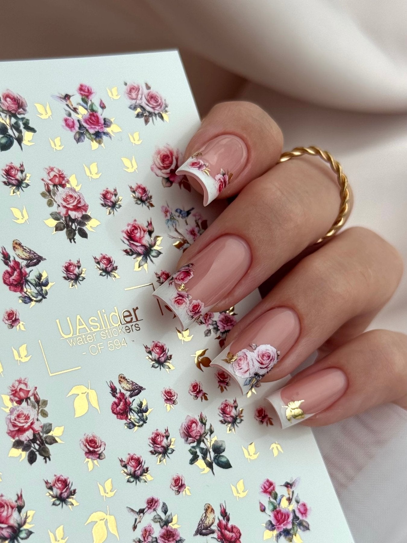 Rose & Bird Nail Decals — Pink Roses with Gold Foil Leaves | CF - 594 - UASLIDER