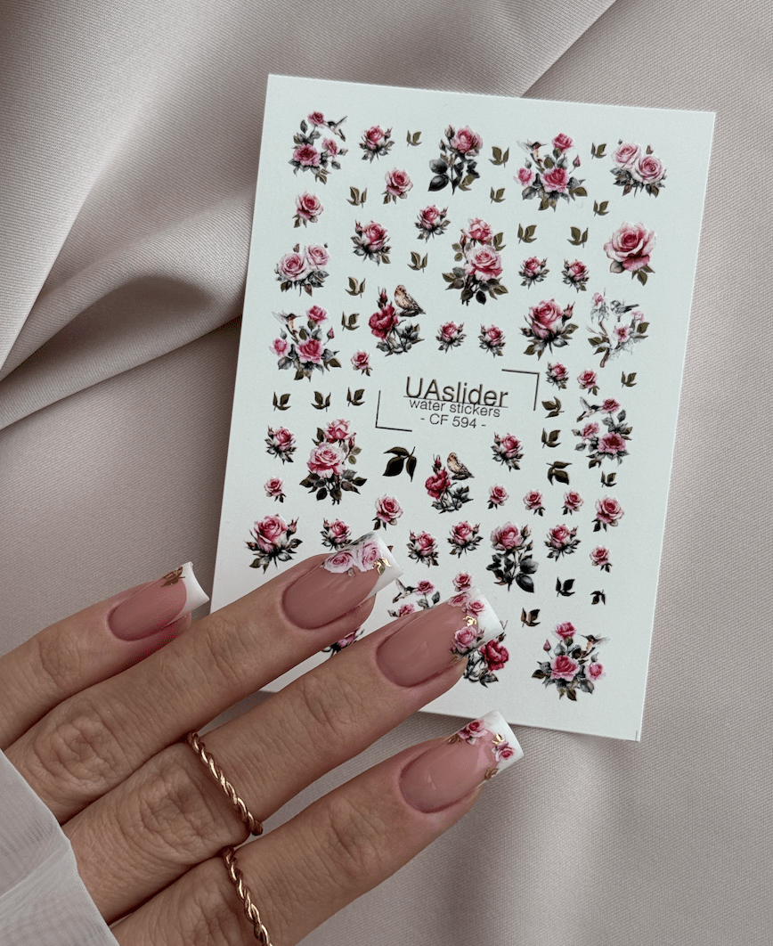 Rose & Bird Nail Decals — Pink Roses with Gold Foil Leaves | CF - 594 - UASLIDER