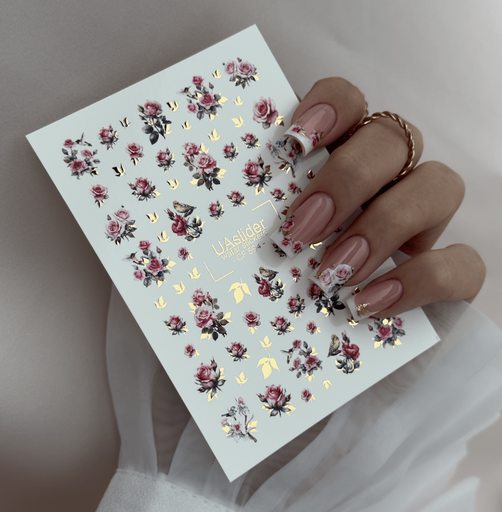 Rose & Bird Nail Decals — Pink Roses with Gold Foil Leaves | CF - 594 - UASLIDER