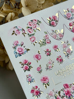 Rose Nail Decals — Pink Garden Roses with Gold Foil Leaves | CF - 825 - UASLIDER