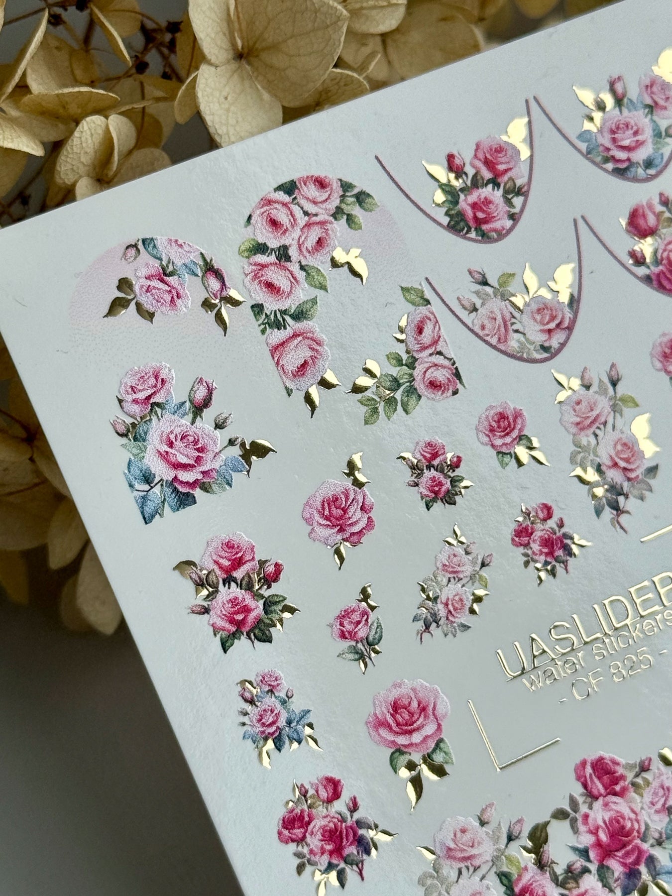 Rose Nail Decals — Pink Garden Roses with Gold Foil Leaves | CF - 825 - UASLIDER