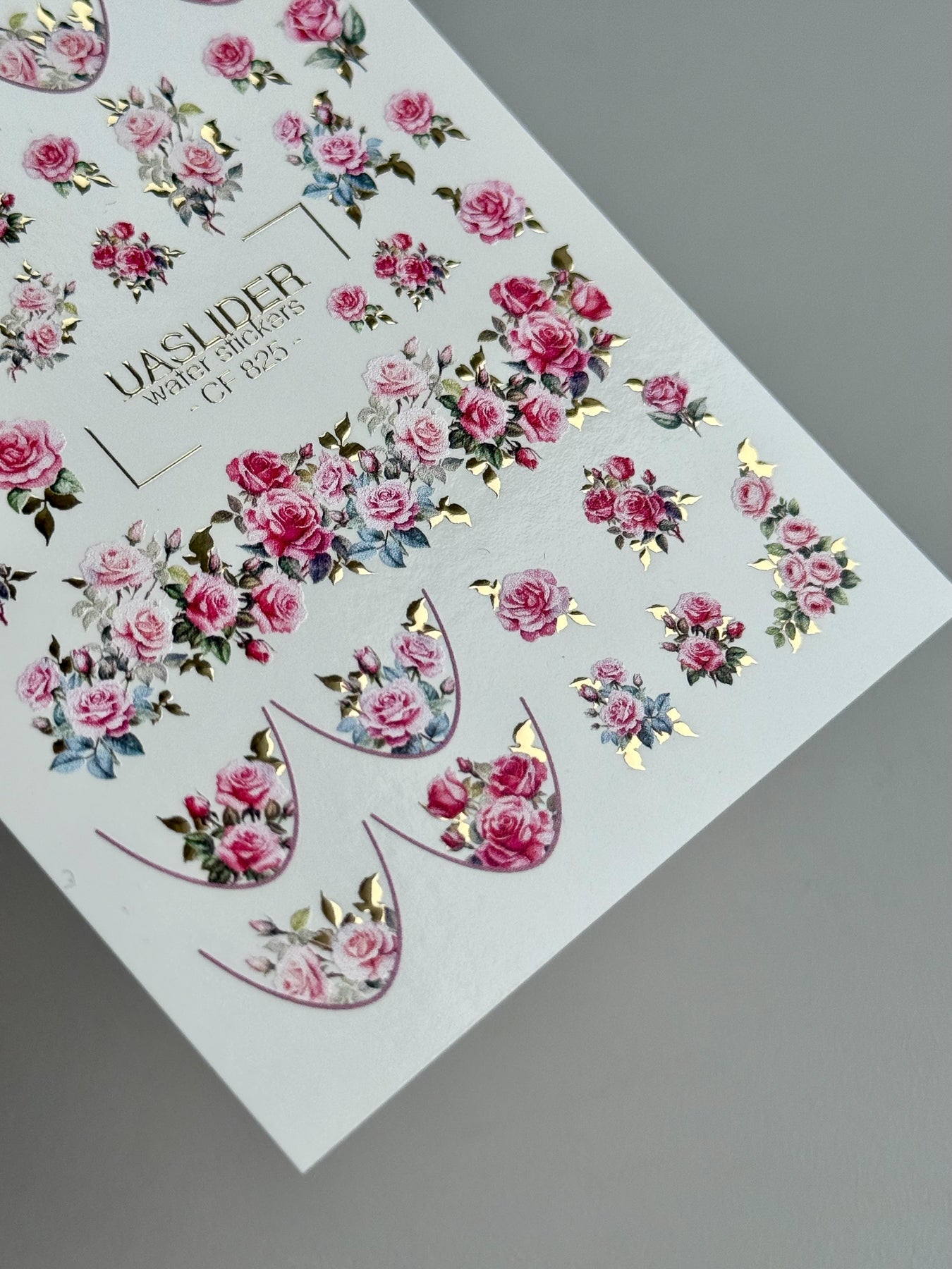 Rose Nail Decals — Pink Garden Roses with Gold Foil Leaves | CF - 825 - UASLIDER