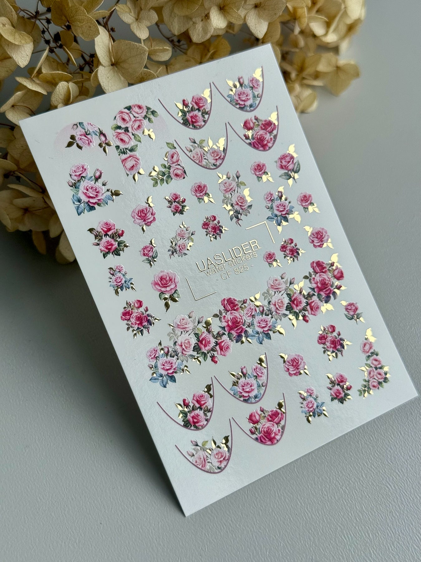 Rose Nail Decals — Pink Garden Roses with Gold Foil Leaves | CF - 825 - UASLIDER
