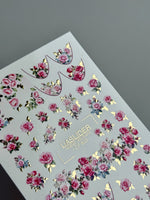 Rose Nail Decals — Pink Garden Roses with Gold Foil Leaves | CF - 825 - UASLIDER