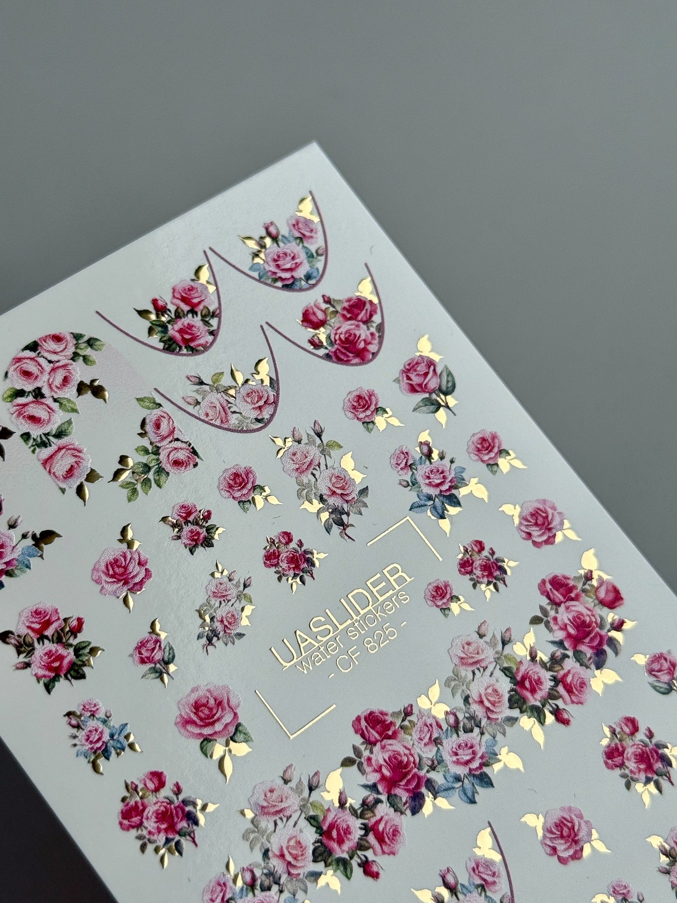Rose Nail Decals — Pink Garden Roses with Gold Foil Leaves | CF - 825 - UASLIDER