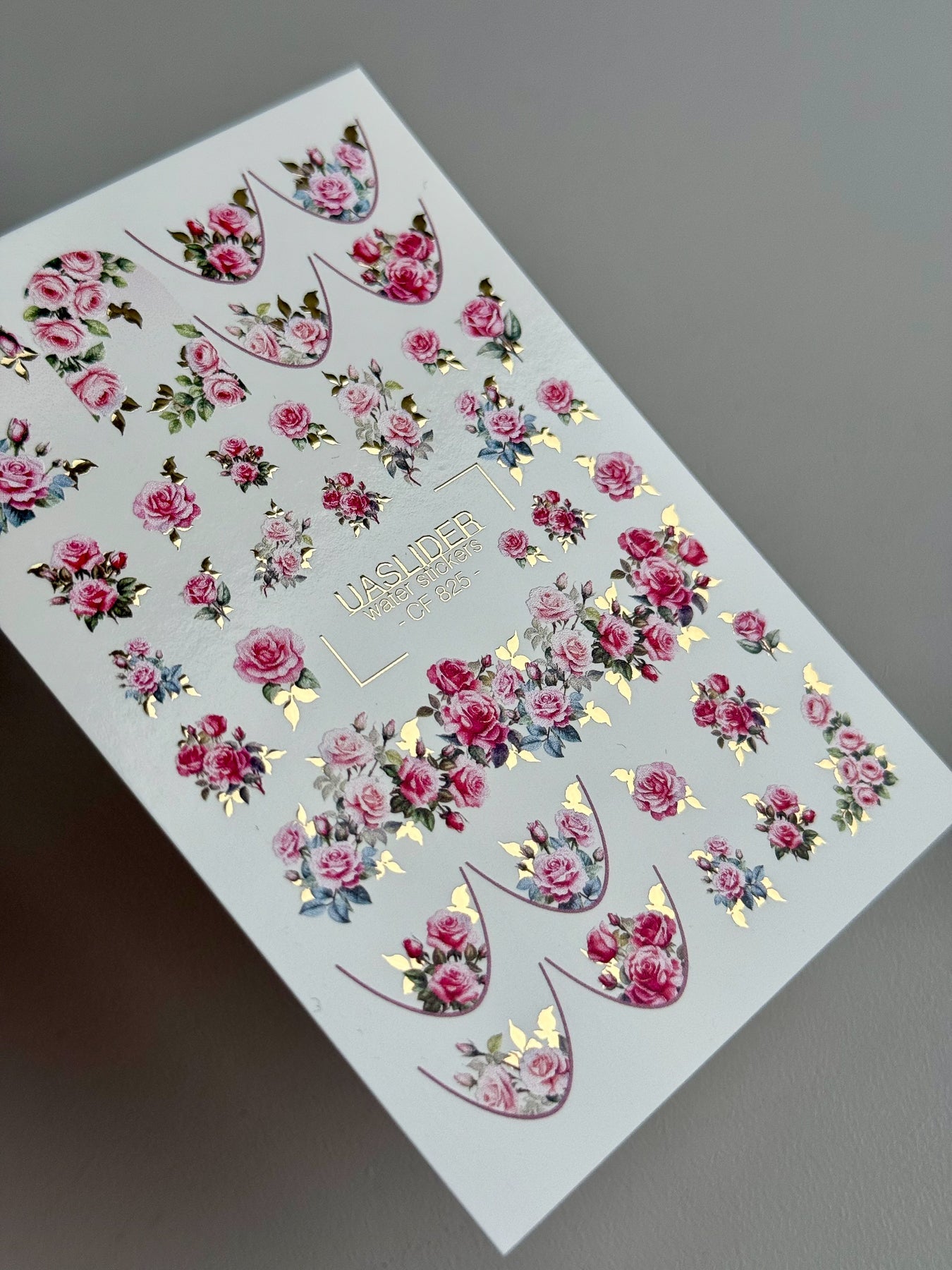 Rose Nail Decals — Pink Garden Roses with Gold Foil Leaves | CF - 825 - UASLIDER