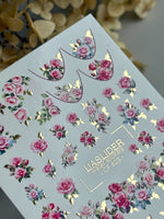 Rose Nail Decals — Pink Garden Roses with Gold Foil Leaves | CF - 825 - UASLIDER