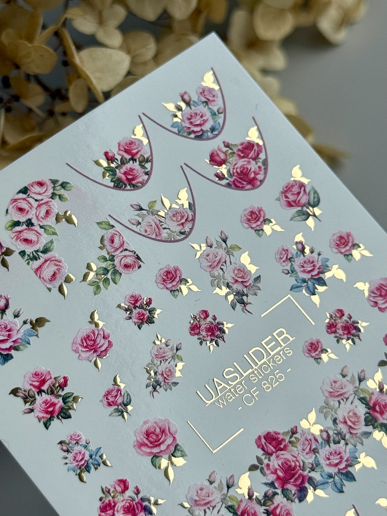 Rose Nail Decals — Pink Garden Roses with Gold Foil Leaves | CF - 825 - UASLIDER