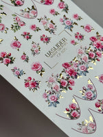 Rose Nail Decals — Pink Garden Roses with Gold Foil Leaves | CF - 825 - UASLIDER
