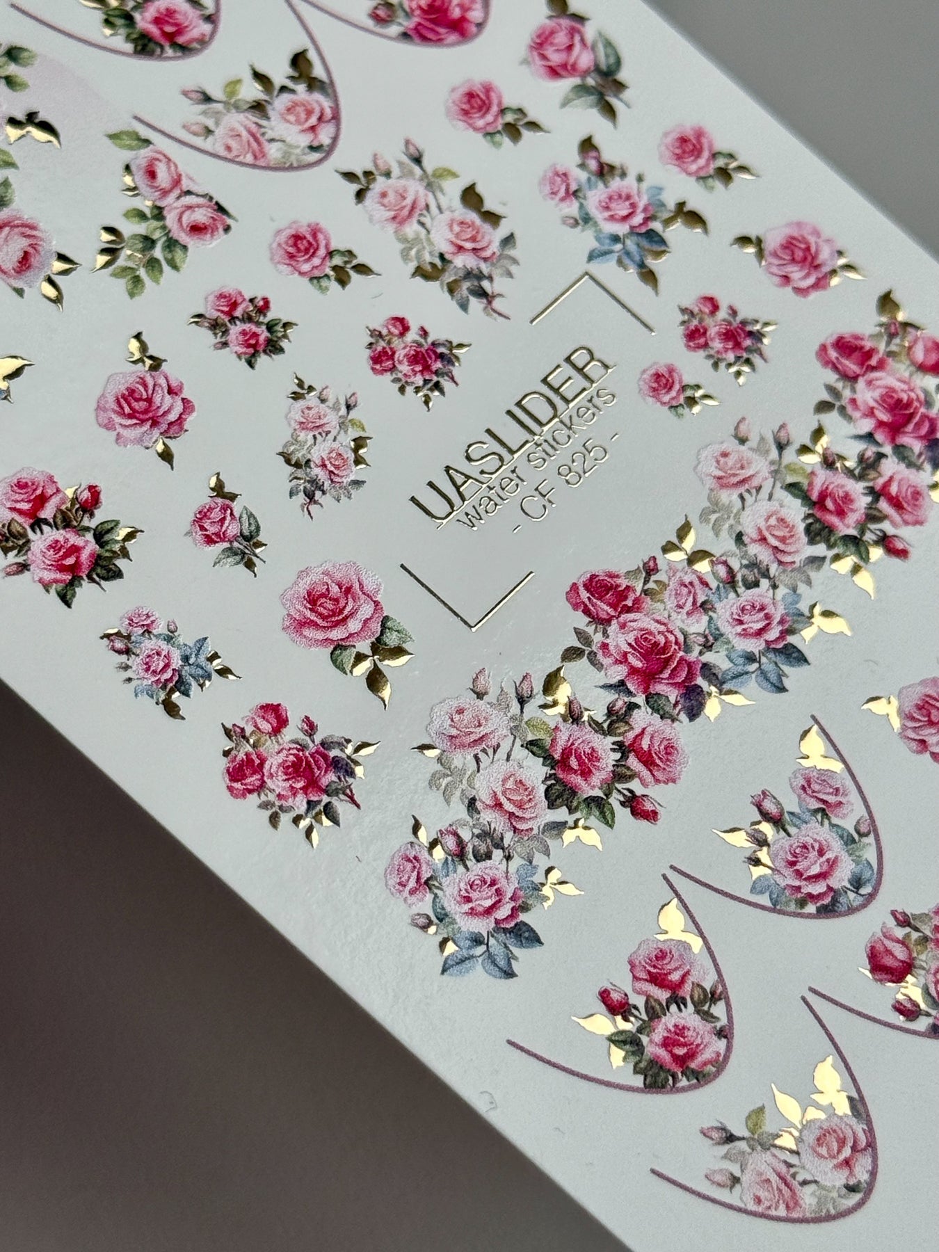 Rose Nail Decals — Pink Garden Roses with Gold Foil Leaves | CF - 825 - UASLIDER