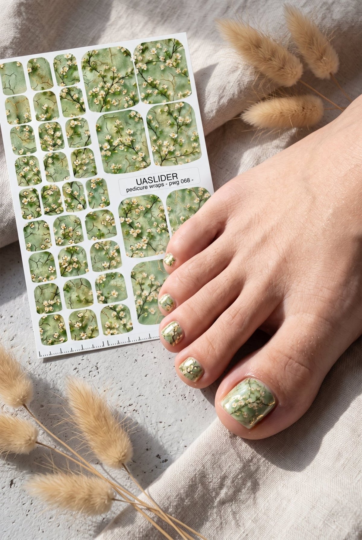 Sage Blossom Pedicure Wraps — Gold Foil Branches | pwg-068 - UASLIDER