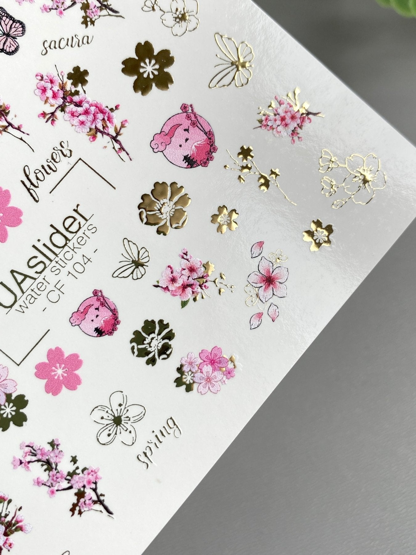Sakura Nail Decals — Cherry Blossom, Butterflies & Gold Foil | CF - 104 - UASLIDER