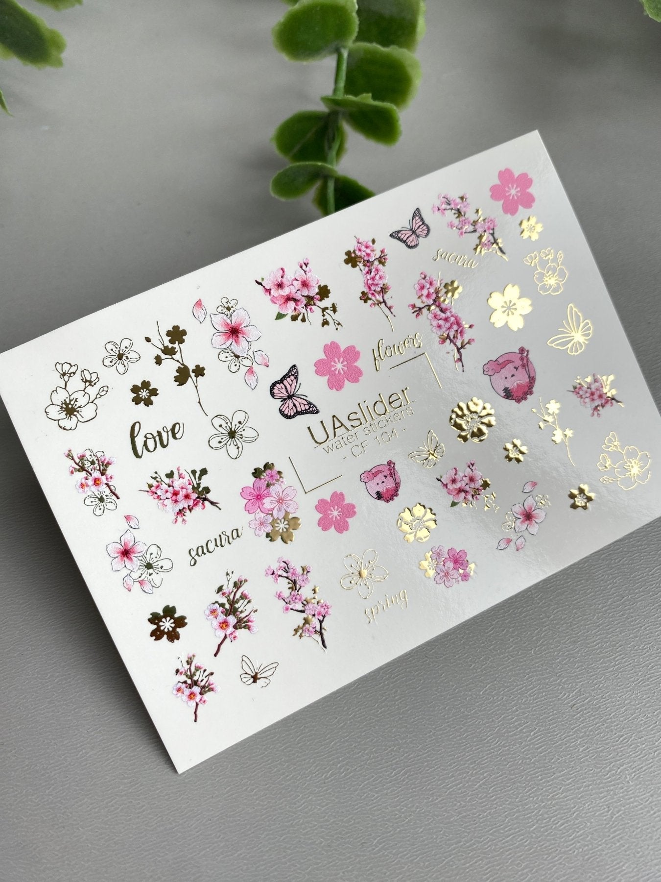 Sakura Nail Decals — Cherry Blossom, Butterflies & Gold Foil | CF - 104 - UASLIDER