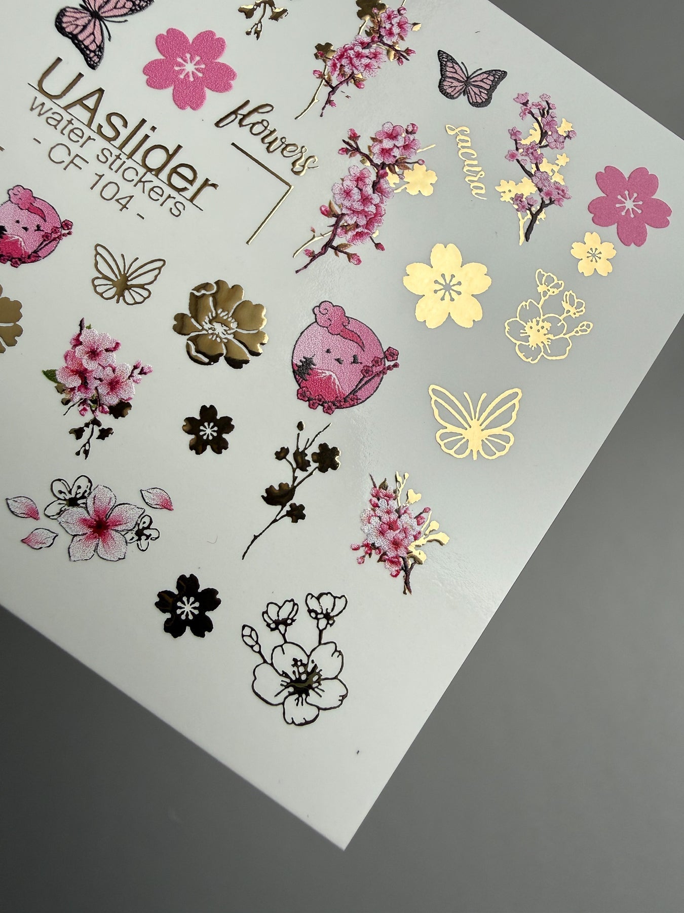 Sakura Nail Decals — Cherry Blossom, Butterflies & Gold Foil | CF - 104 - UASLIDER