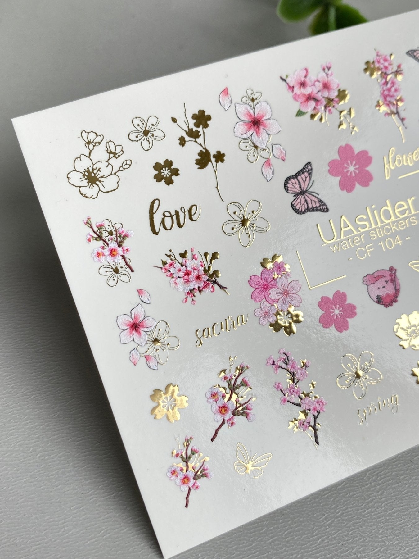 Sakura Nail Decals — Cherry Blossom, Butterflies & Gold Foil | CF - 104 - UASLIDER