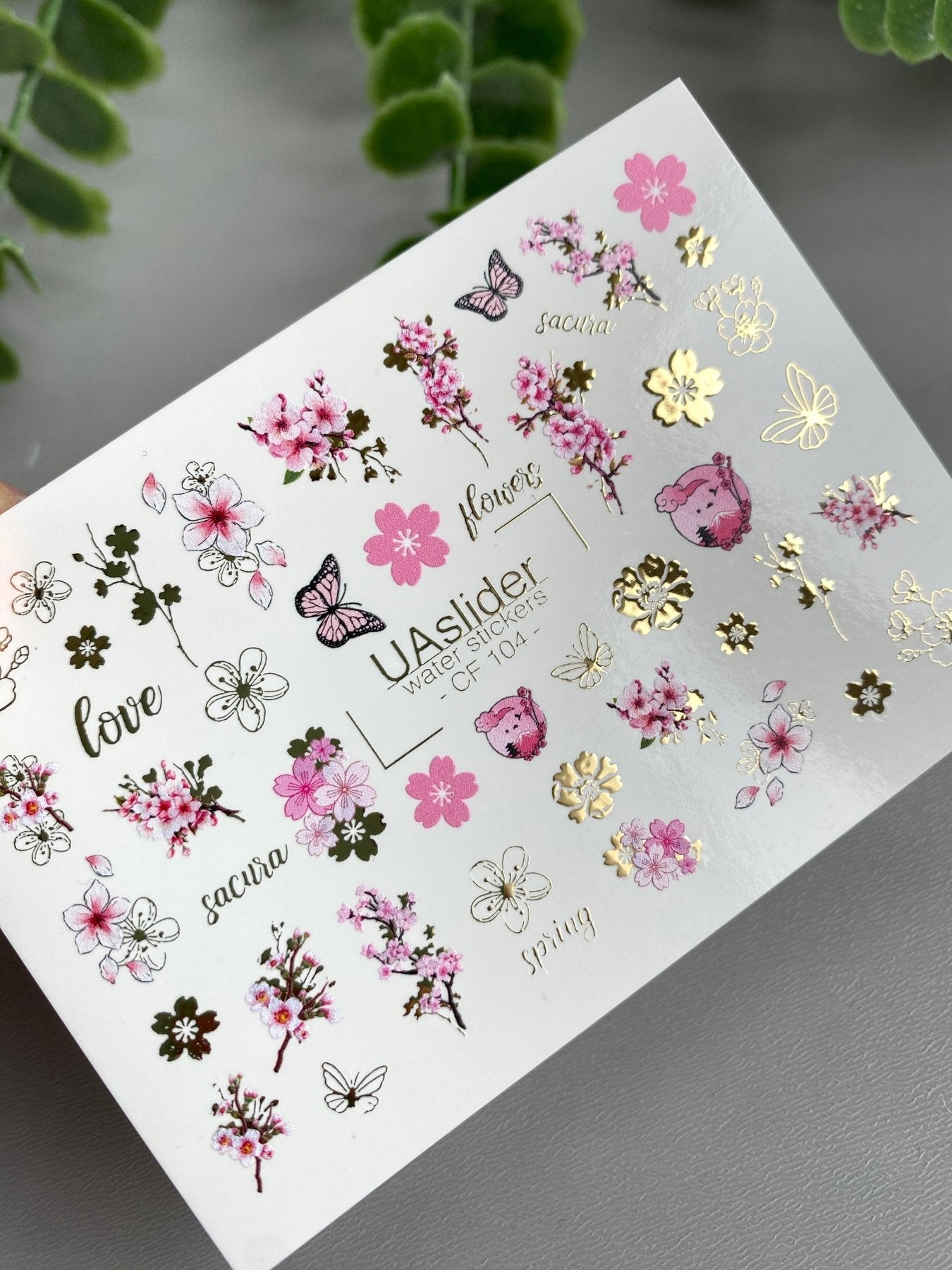 Sakura Nail Decals — Cherry Blossom, Butterflies & Gold Foil | CF - 104 - UASLIDER