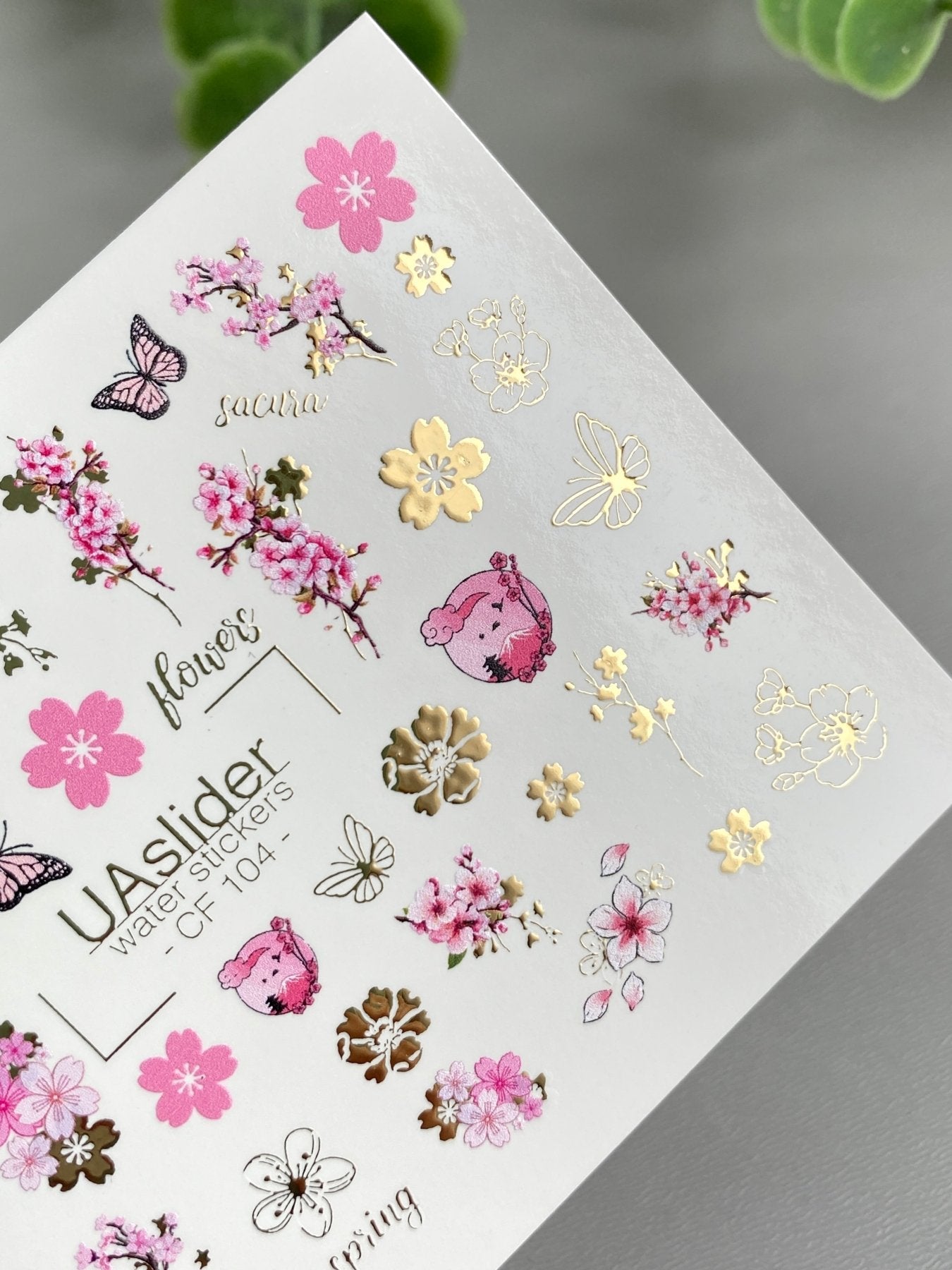 Sakura Nail Decals — Cherry Blossom, Butterflies & Gold Foil | CF - 104 - UASLIDER