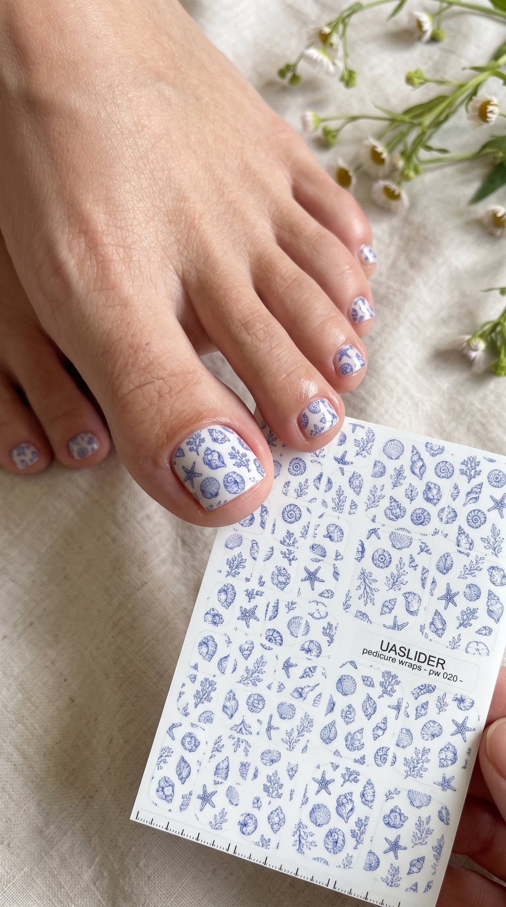 Seashell Pedicure Nail Wraps — Blue Line Art Shells & Starfish | PW-020 - UASLIDER