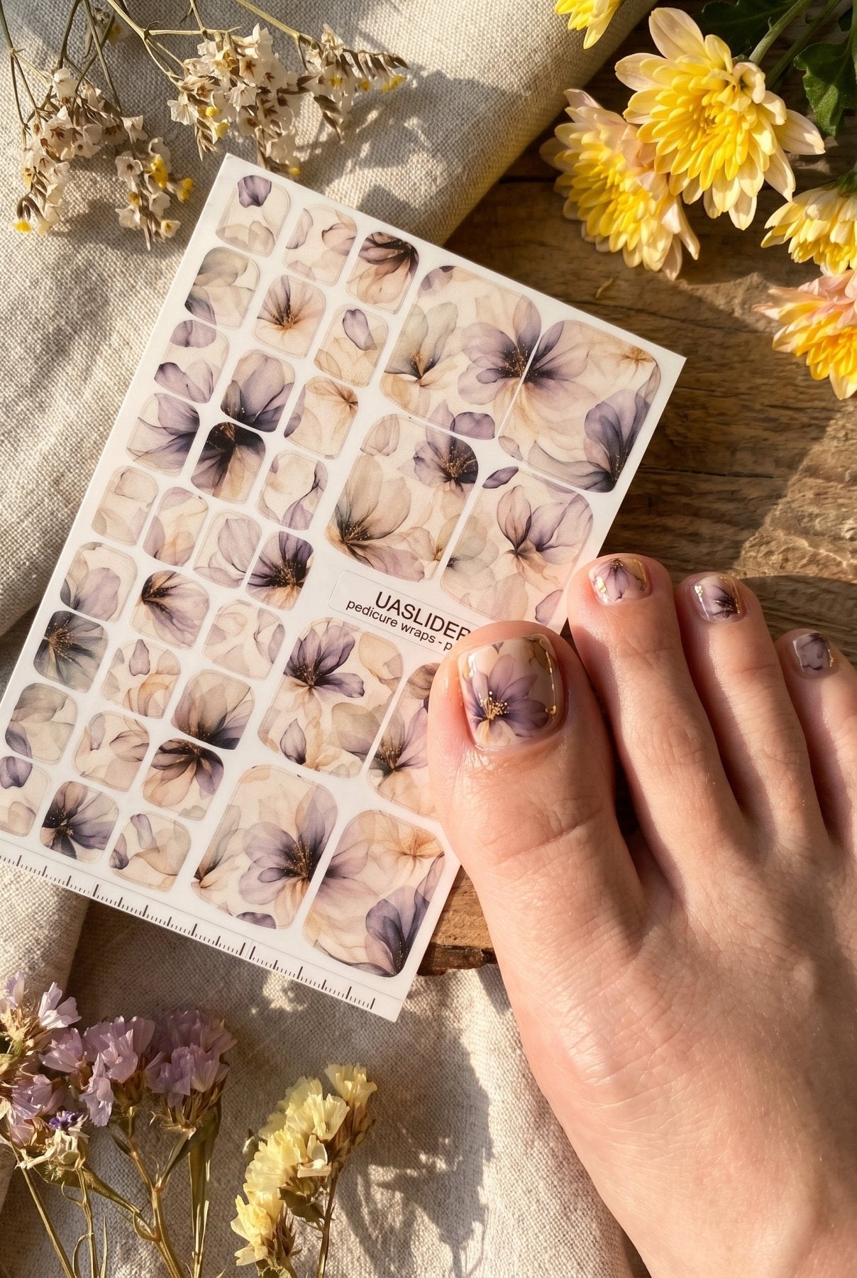 Sheer Watercolor Floral Pedicure Nail Wraps — Smoky Lavender & Beige | PW-053 - UASLIDER