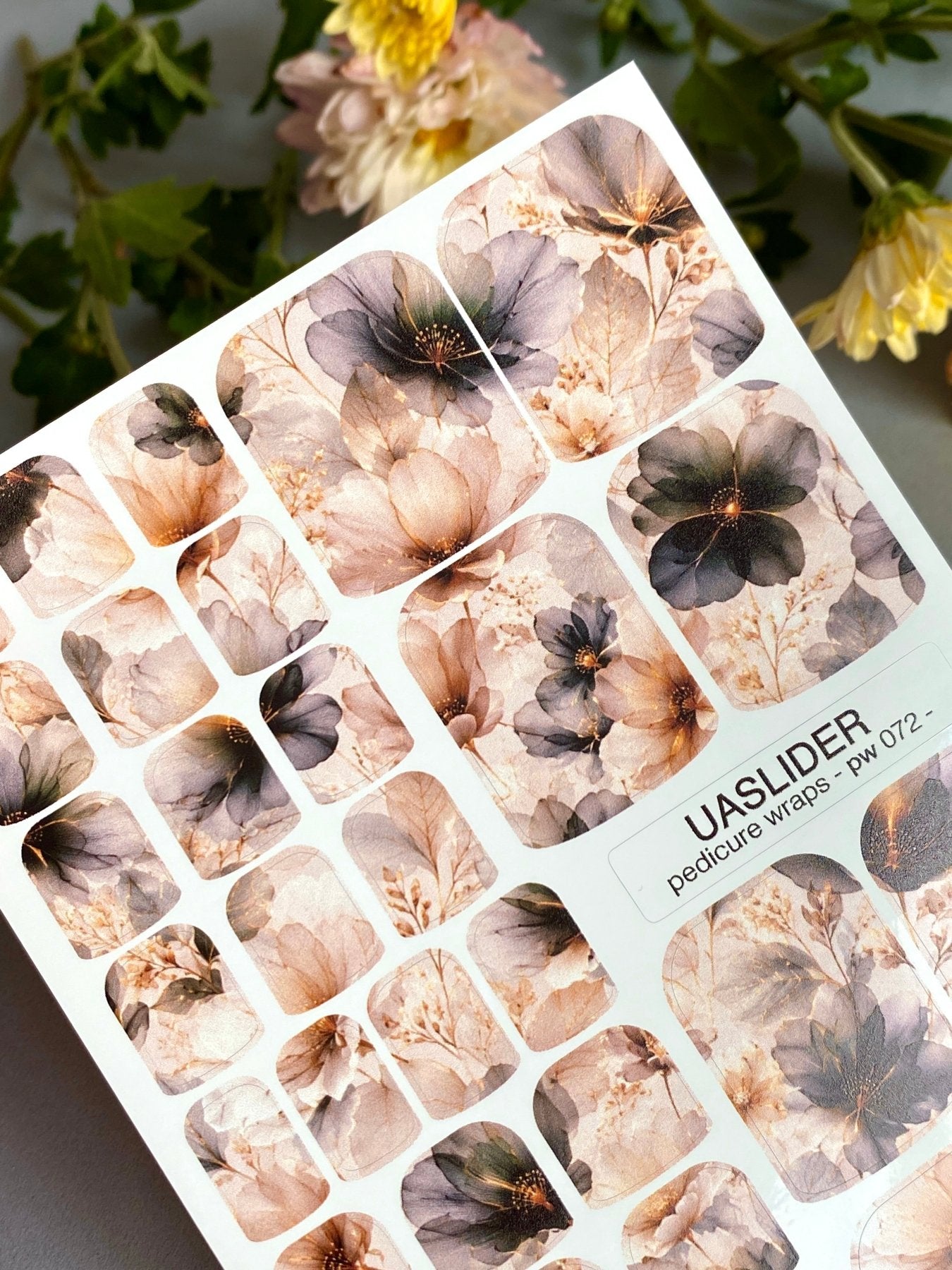 Sheer Watercolor Floral Pedicure Wraps — Charcoal & Warm Beige | PW-072 - UASLIDER