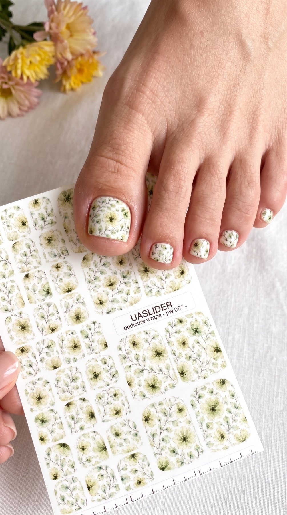 Sheer Watercolor Floral Pedicure Wraps — Pale Green Branches | PW-067 - UASLIDER