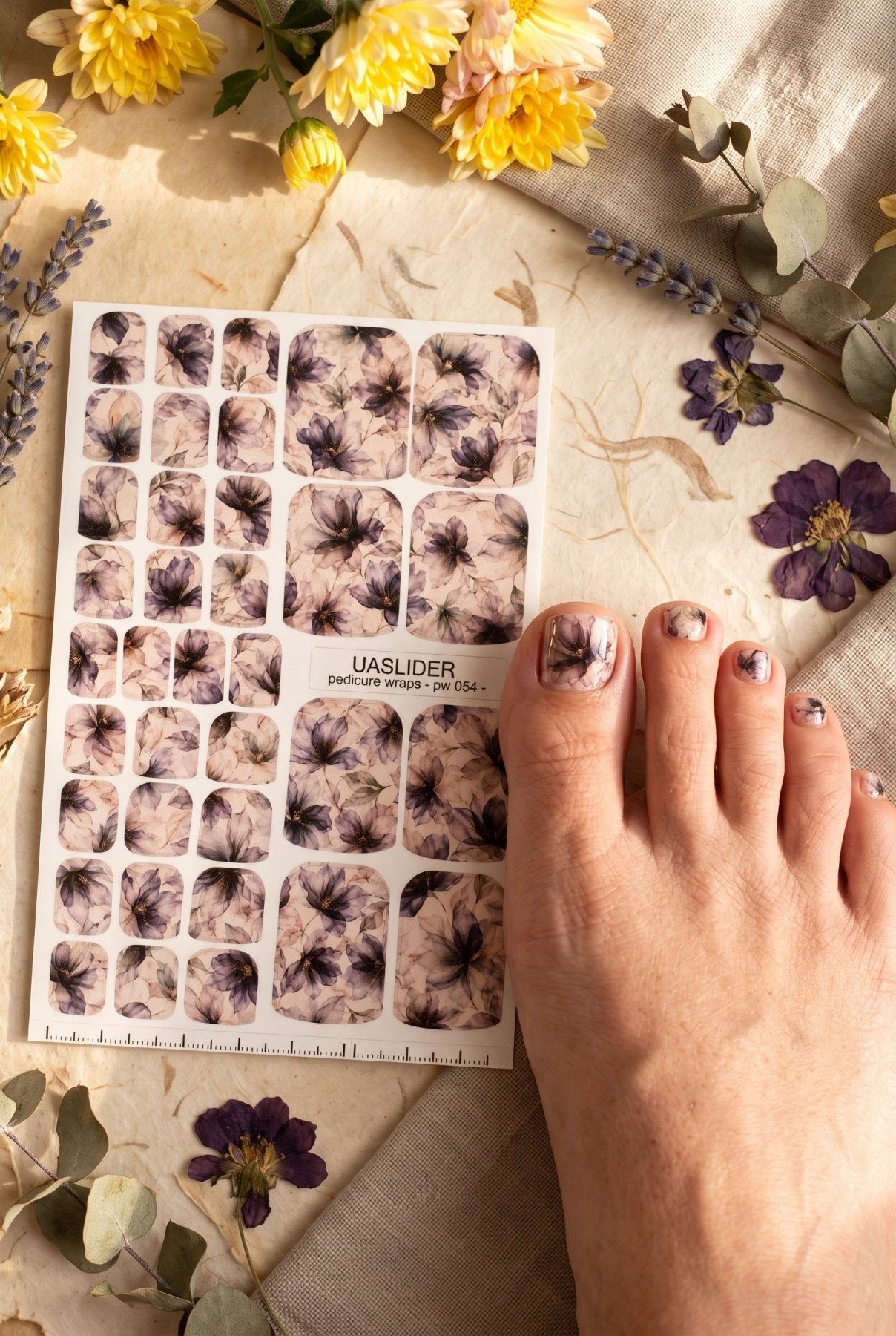 Sheer Watercolor Floral Pedicure Wraps — Smoky Plum & Grey | PW-054 - UASLIDER