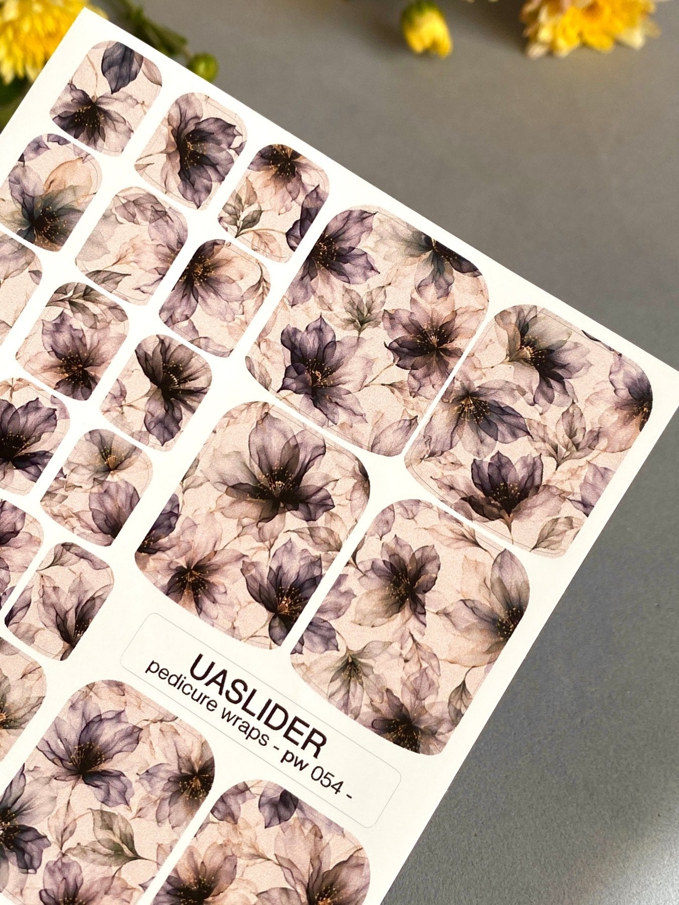 Sheer Watercolor Floral Pedicure Wraps — Smoky Plum & Grey | PW-054 - UASLIDER