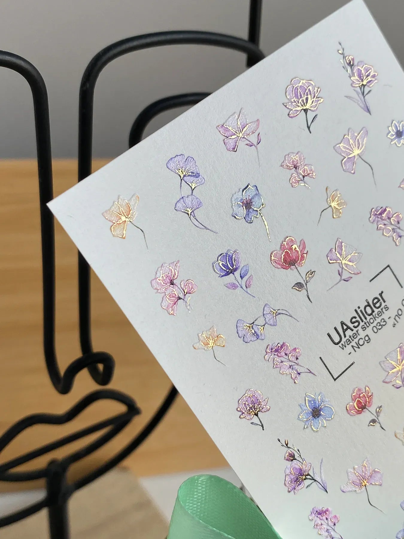 Floral Nail Decals — Watercolor Purple & Blue Flowers Gold Foil | NCg-033