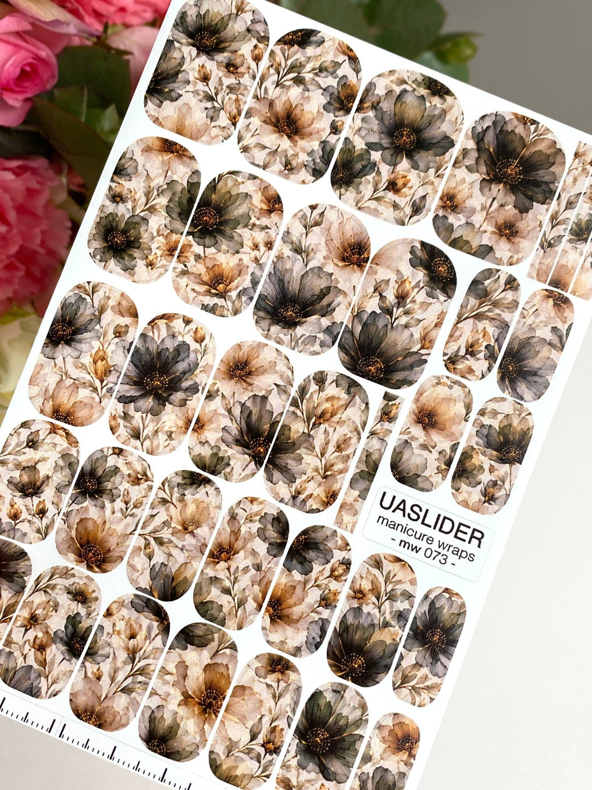 Smoky Floral Manicure Wraps — Charcoal & Beige Flowers | mw-073 - UASLIDER