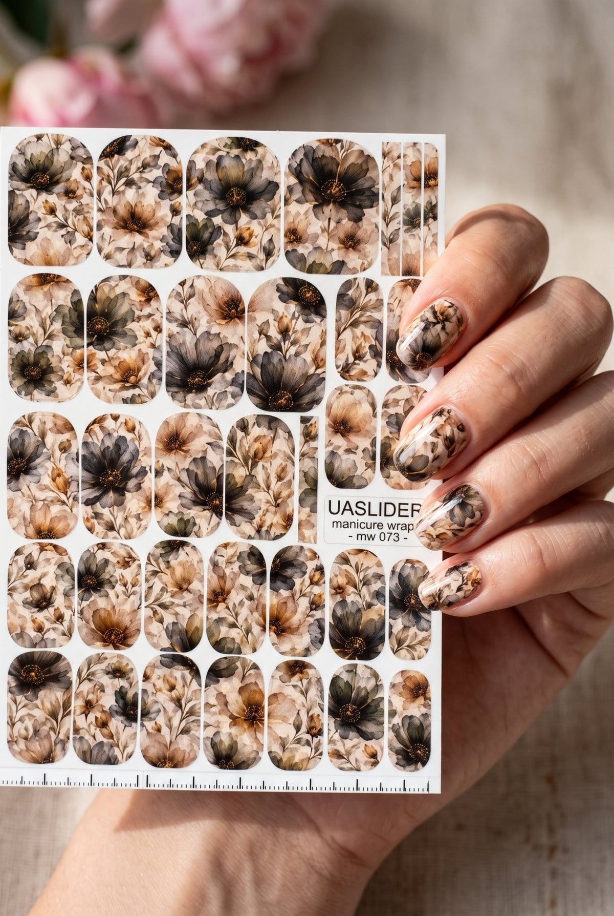 Smoky Floral Manicure Wraps — Charcoal & Beige Flowers | mw-073 - UASLIDER