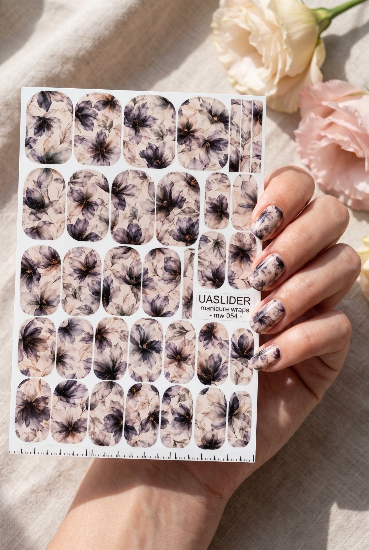 Smoky Floral Manicure Wraps — Mauve & Beige Flowers | mw-054 - UASLIDER