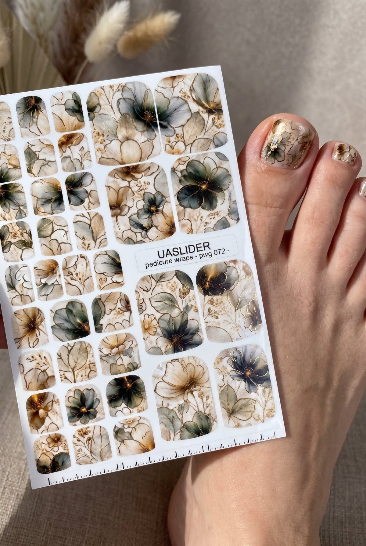 Smoky Green Floral Pedicure Wraps — Gold Foil Blooms | pwg-072 - UASLIDER