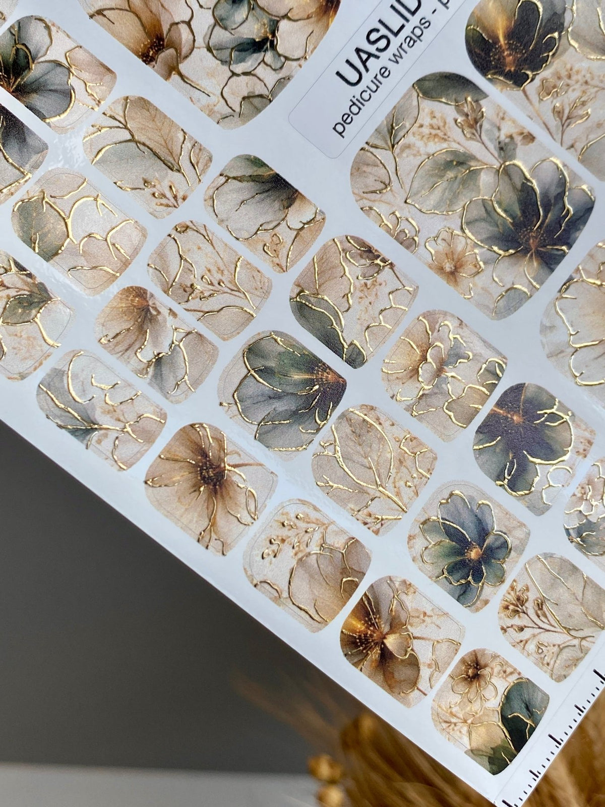 Smoky Green Floral Pedicure Wraps — Gold Foil Blooms | pwg-072 - UASLIDER