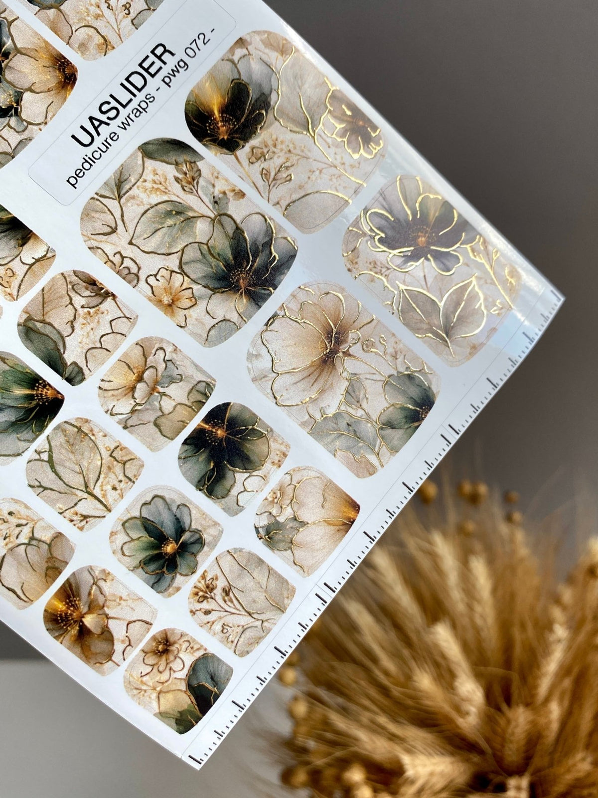 Smoky Green Floral Pedicure Wraps — Gold Foil Blooms | pwg-072 - UASLIDER