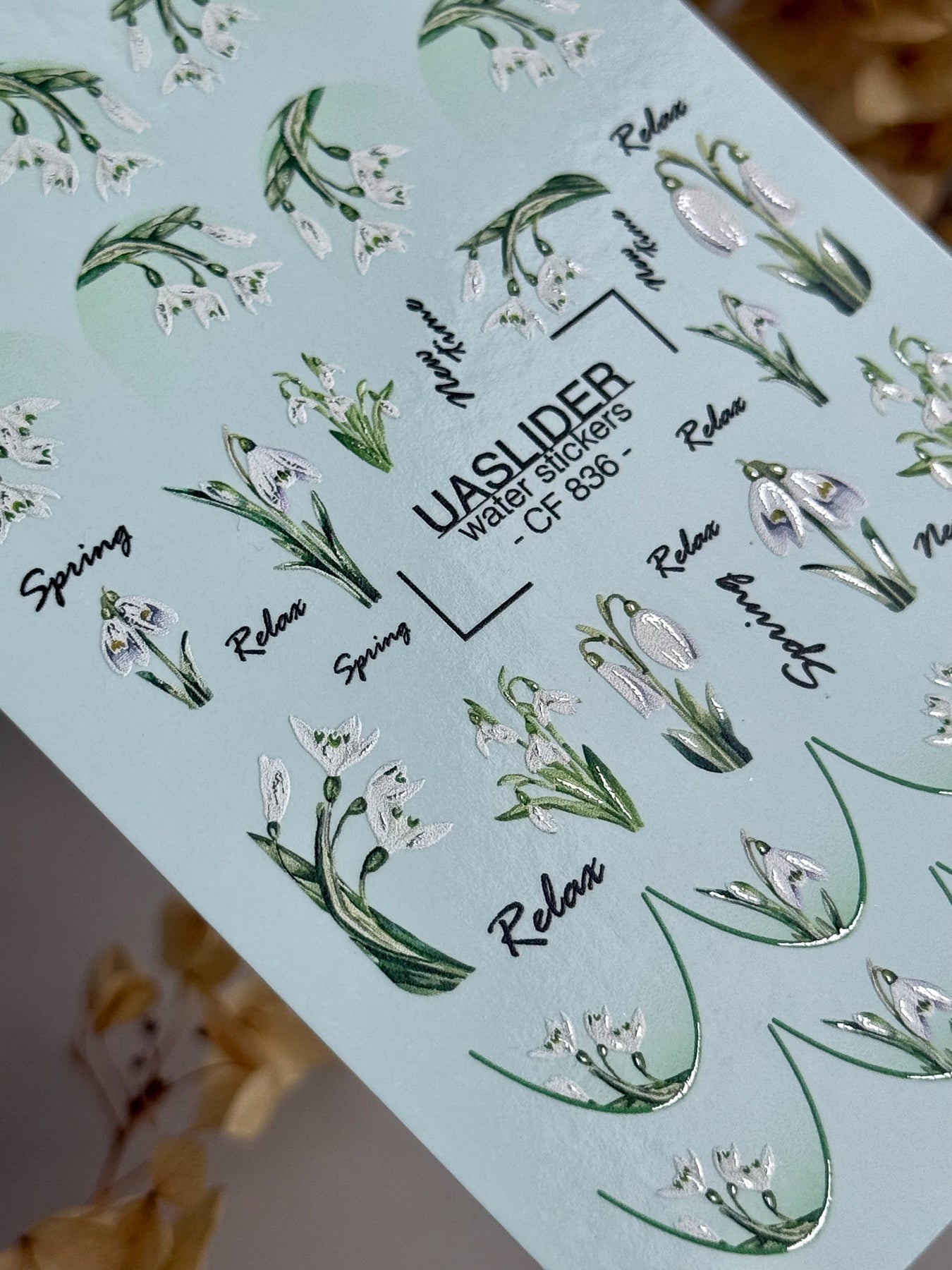 Snowdrop Nail Decals — Spring Botanicals, Silver Foil & Script | CF - 836 - UASLIDER