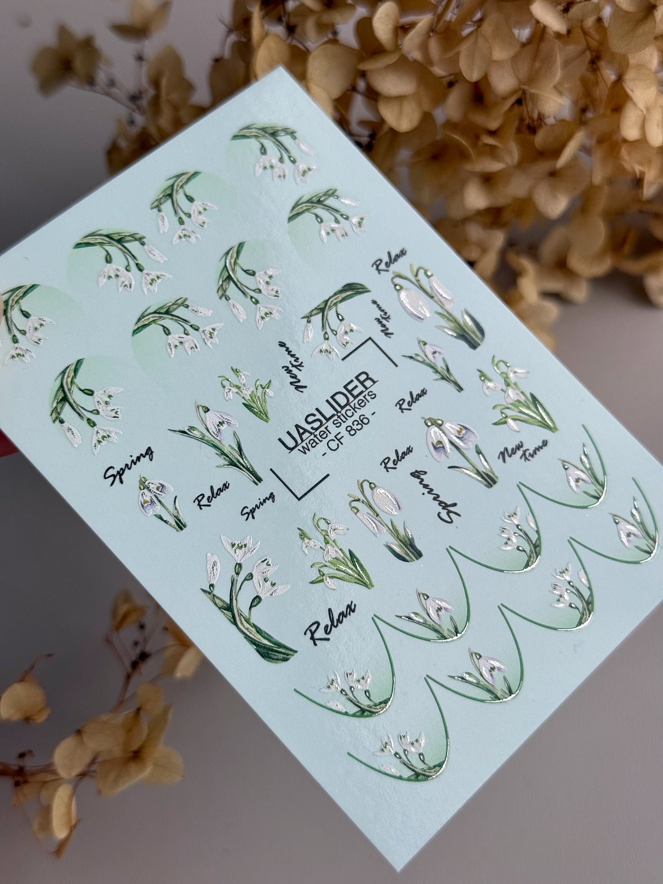 Snowdrop Nail Decals — Spring Botanicals, Silver Foil & Script | CF - 836 - UASLIDER