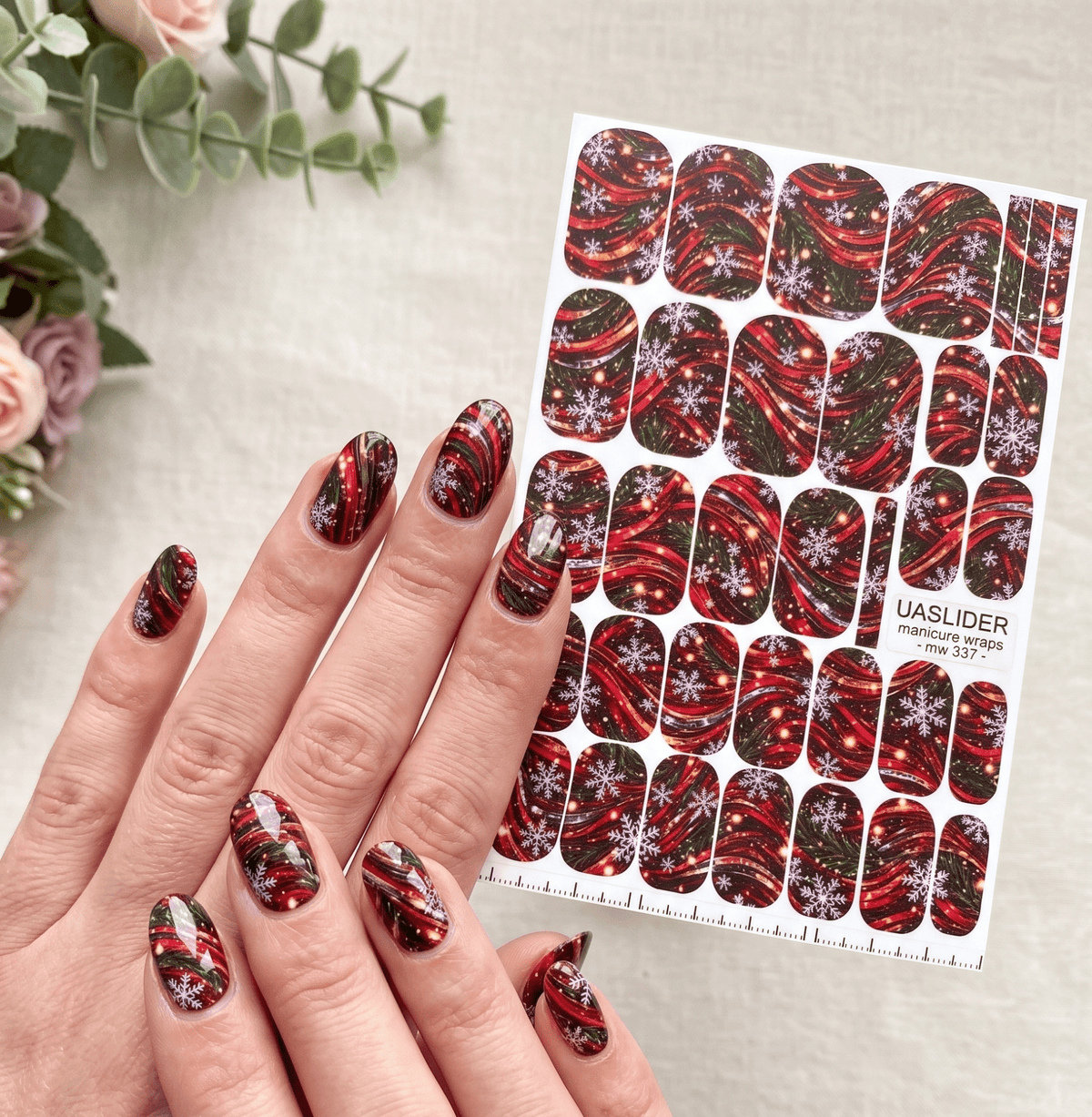 Snowflake Manicure Wraps — Red Christmas Swirls | mw-337 - UASLIDER