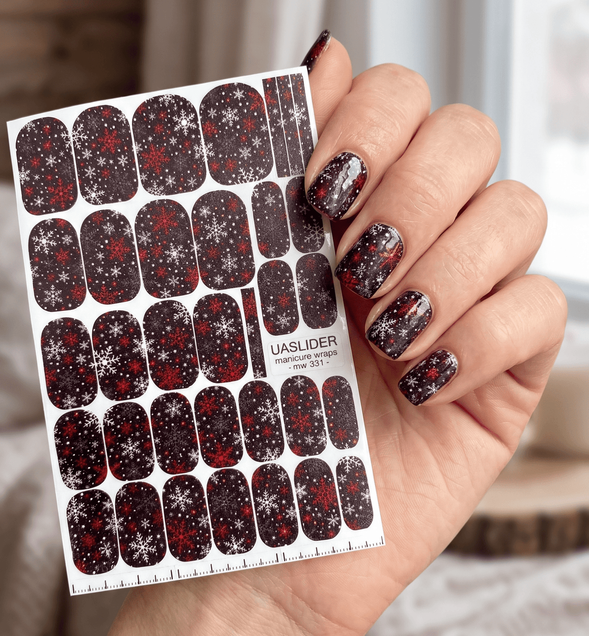 Snowflake Manicure Wraps — Red & White on Black | mw-331 - UASLIDER