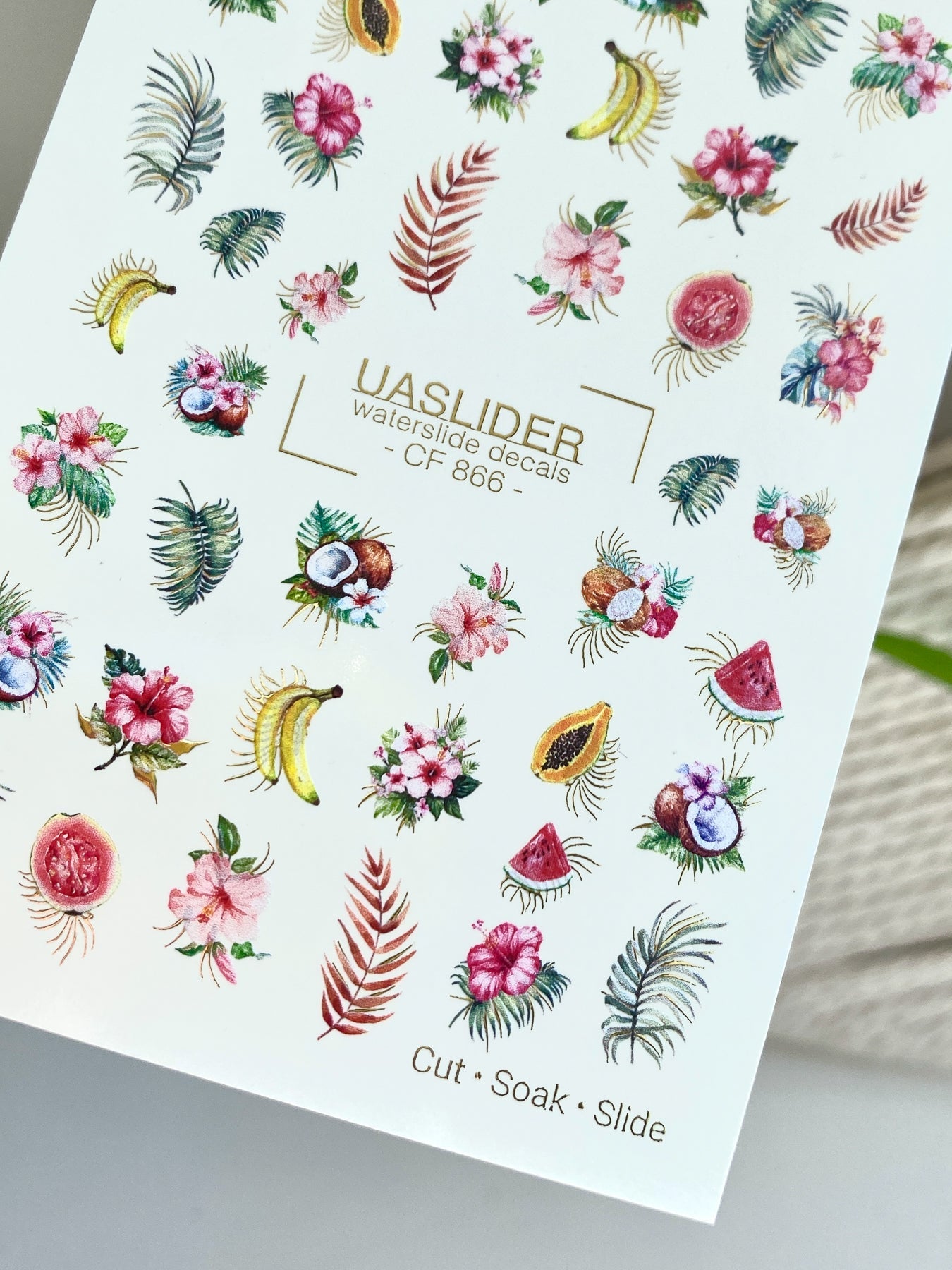 Summer Nail Decals — Tropical Fruits & Hibiscus with Gold Foil | CF - 866 - UASLIDER