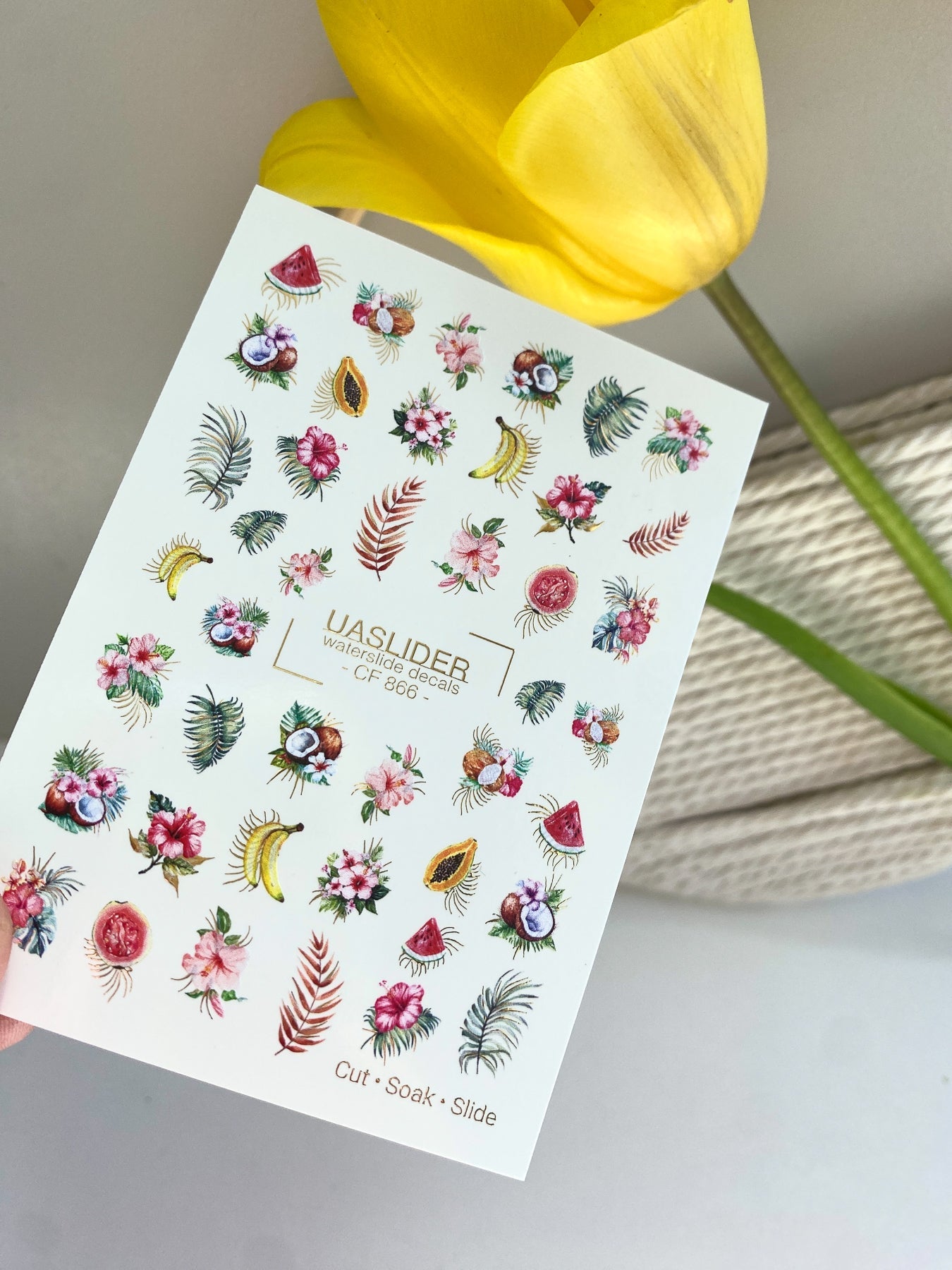 Summer Nail Decals — Tropical Fruits & Hibiscus with Gold Foil | CF - 866 - UASLIDER