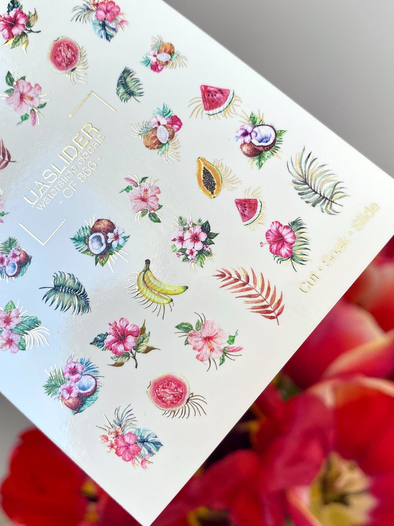 Summer Nail Decals — Tropical Fruits & Hibiscus with Gold Foil | CF - 866 - UASLIDER