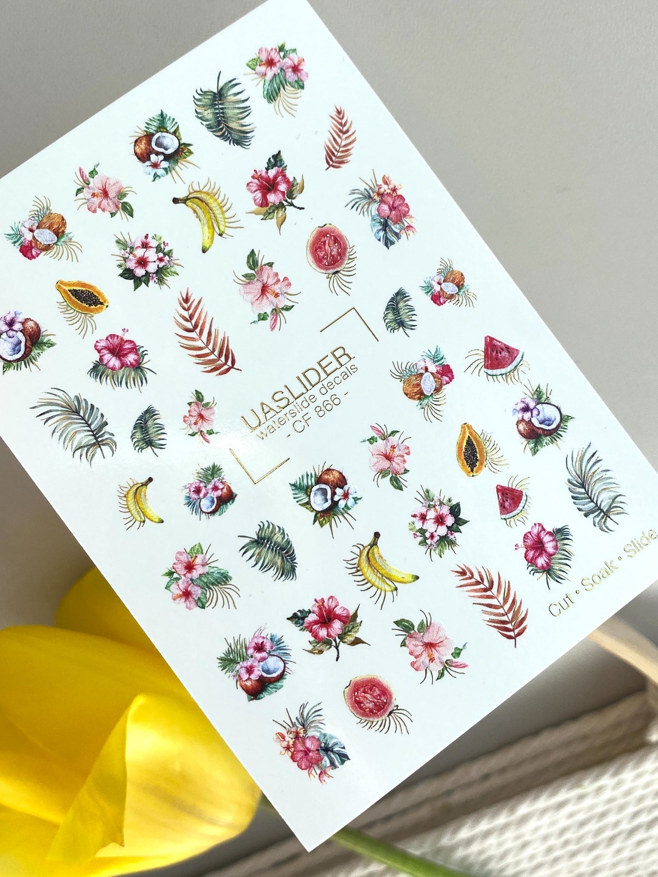 Summer Nail Decals — Tropical Fruits & Hibiscus with Gold Foil | CF - 866 - UASLIDER