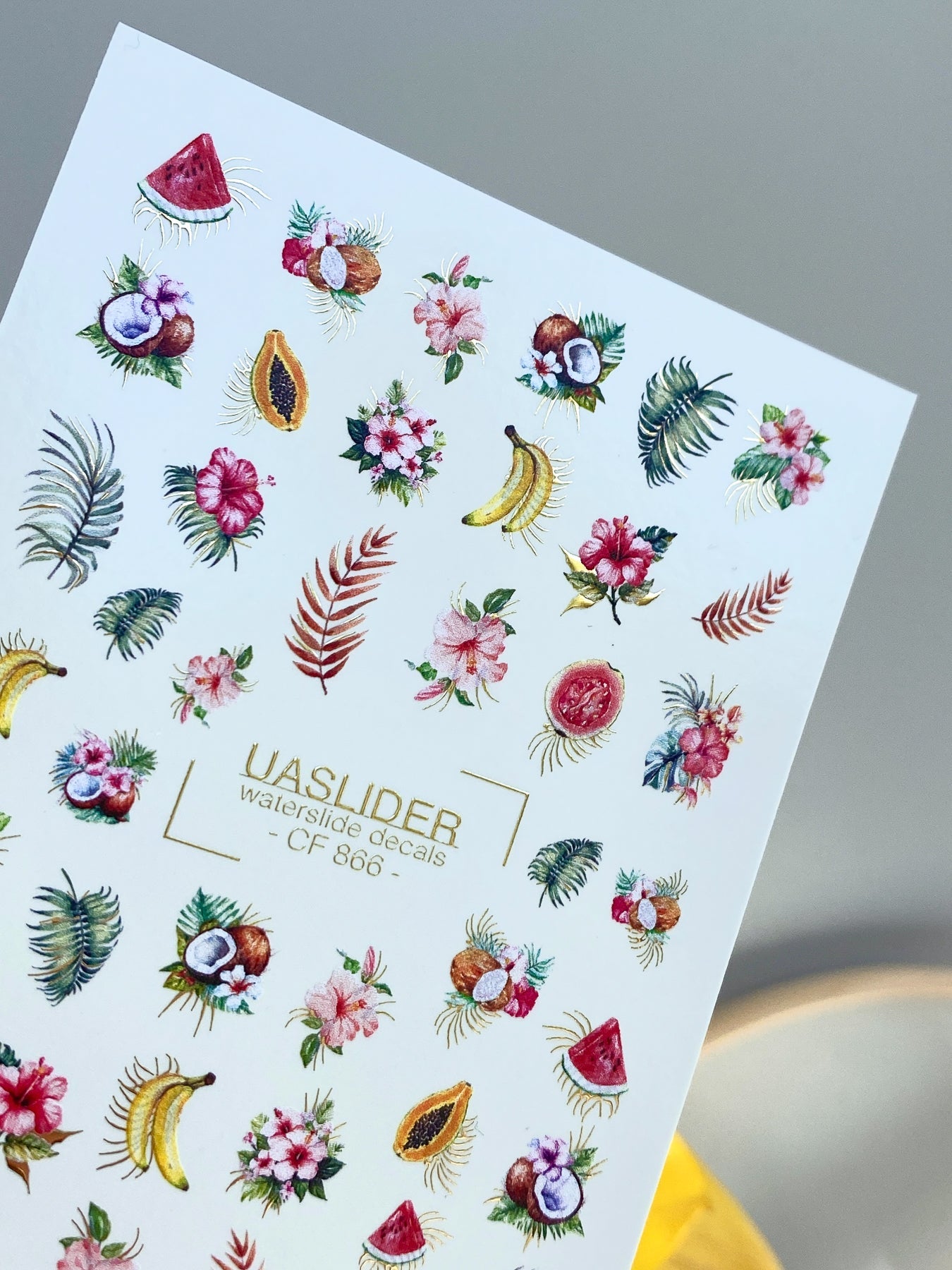 Summer Nail Decals — Tropical Fruits & Hibiscus with Gold Foil | CF - 866 - UASLIDER