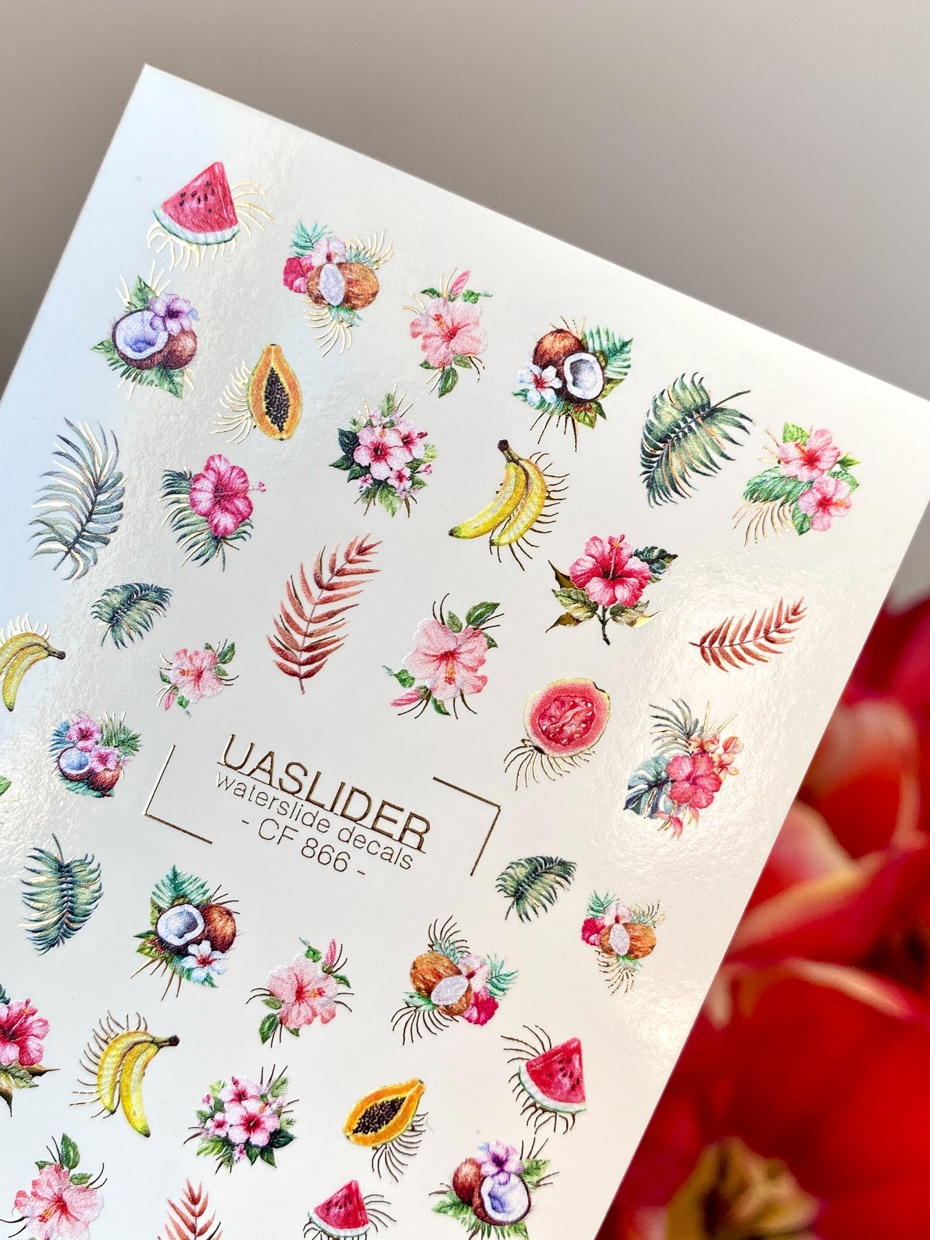 Summer Nail Decals — Tropical Fruits & Hibiscus with Gold Foil | CF - 866 - UASLIDER