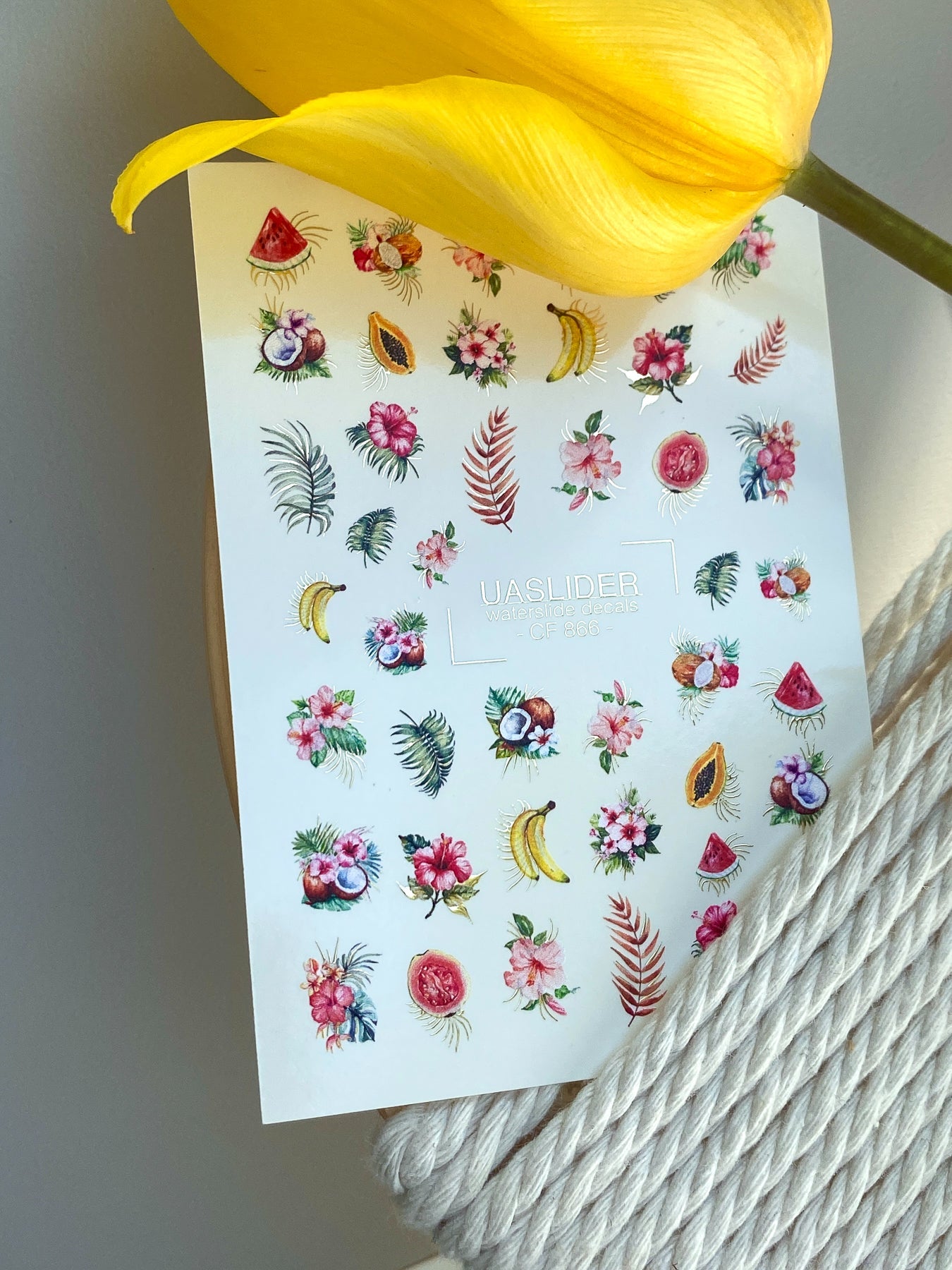Summer Nail Decals — Tropical Fruits & Hibiscus with Gold Foil | CF - 866 - UASLIDER